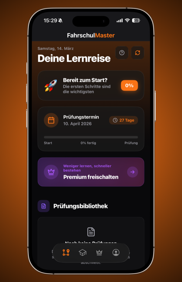 FahrschulMaster App Dashboard mit Lernreise und Prüfungstermin